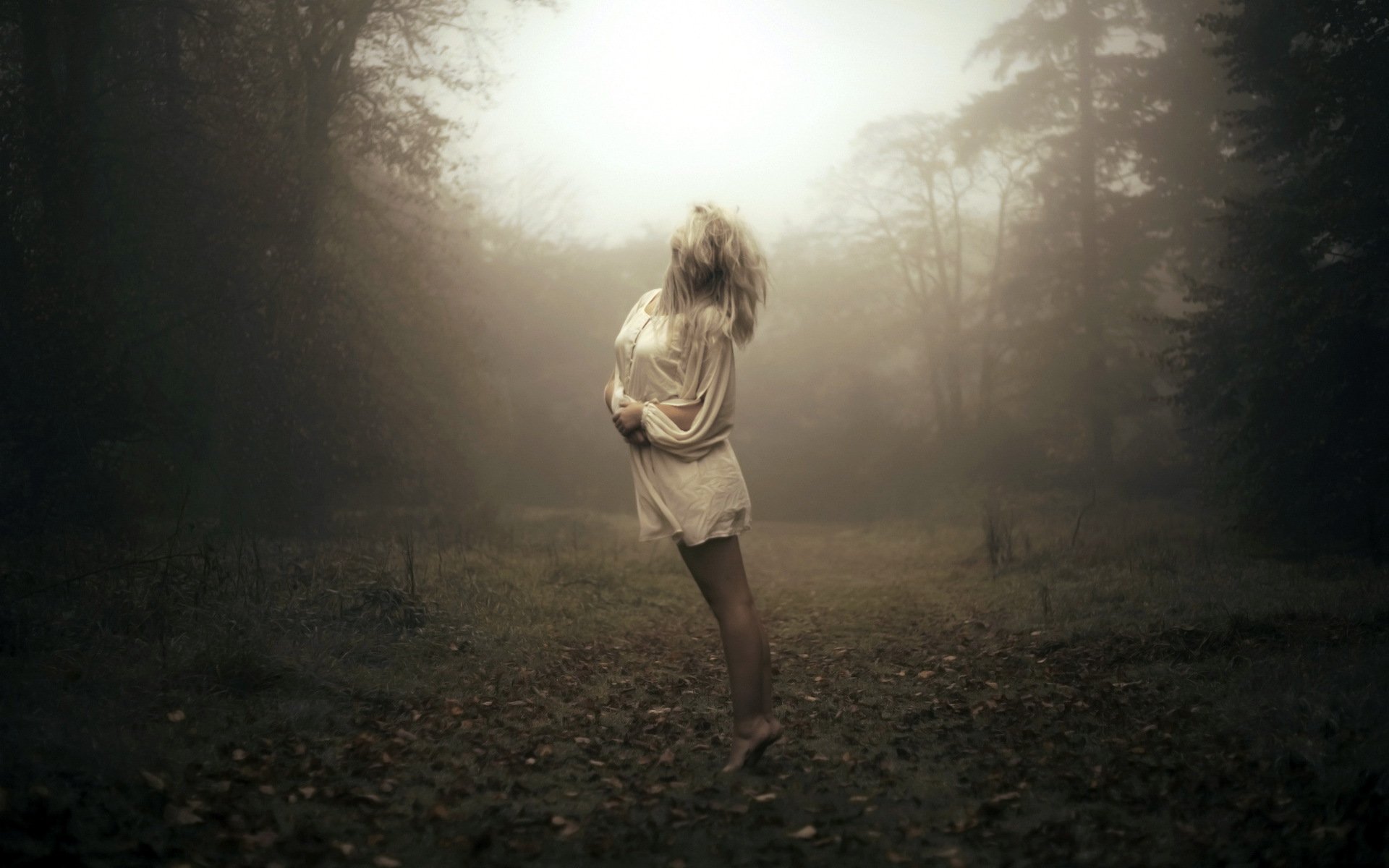 girl forest fog