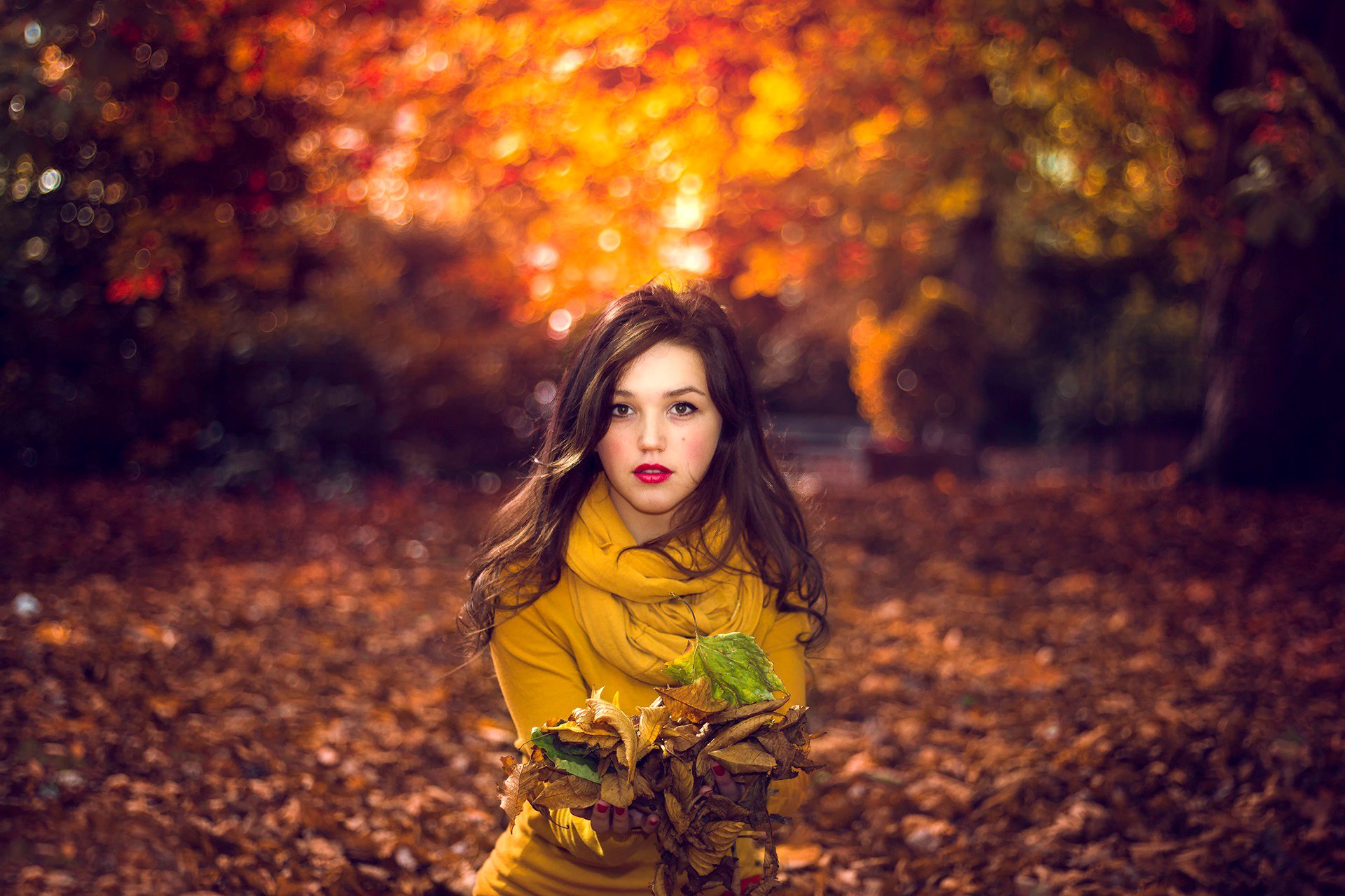 bokeh autumn portrait girl leaves nature