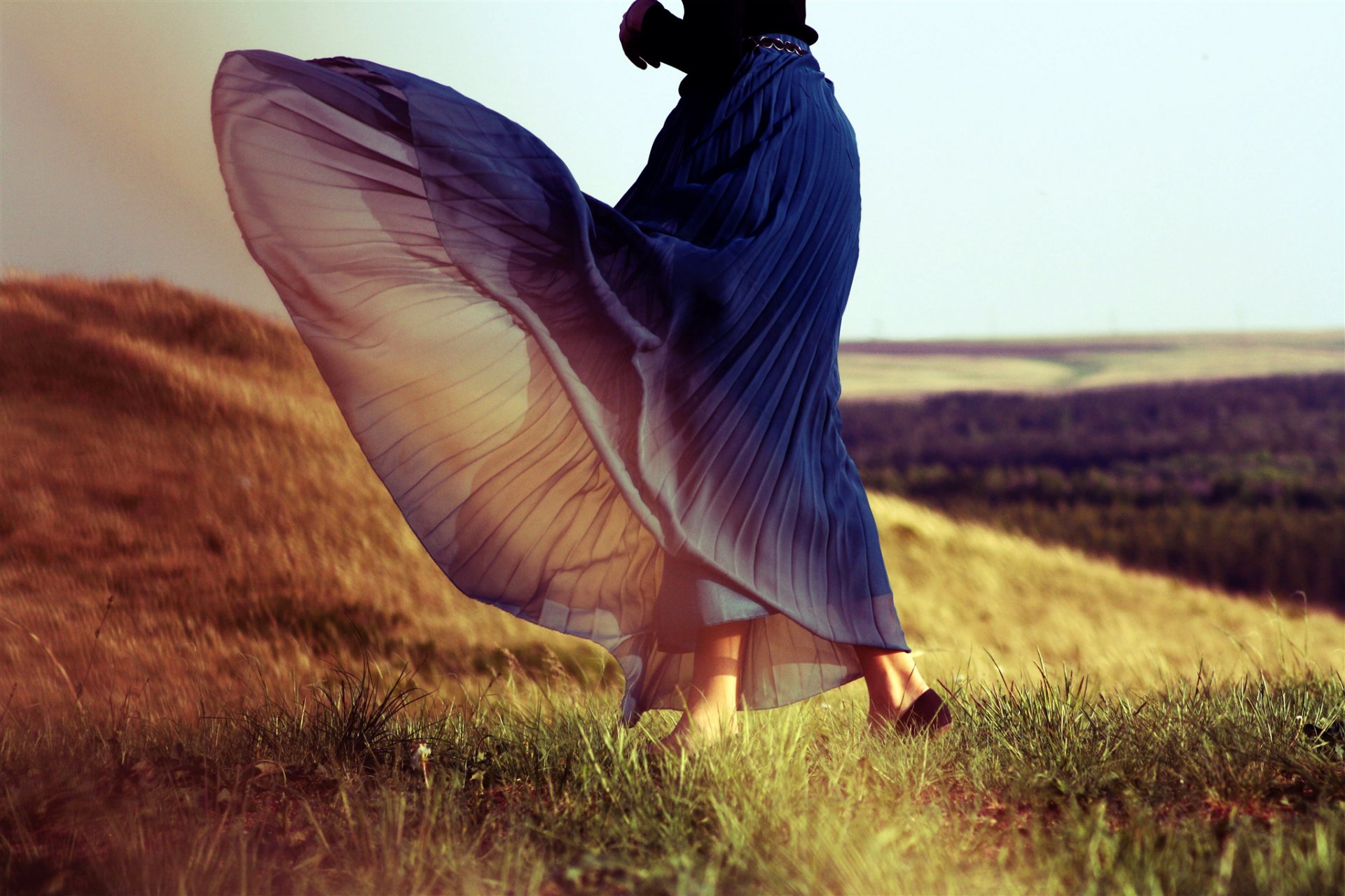 girl dress skirt floor grass wind