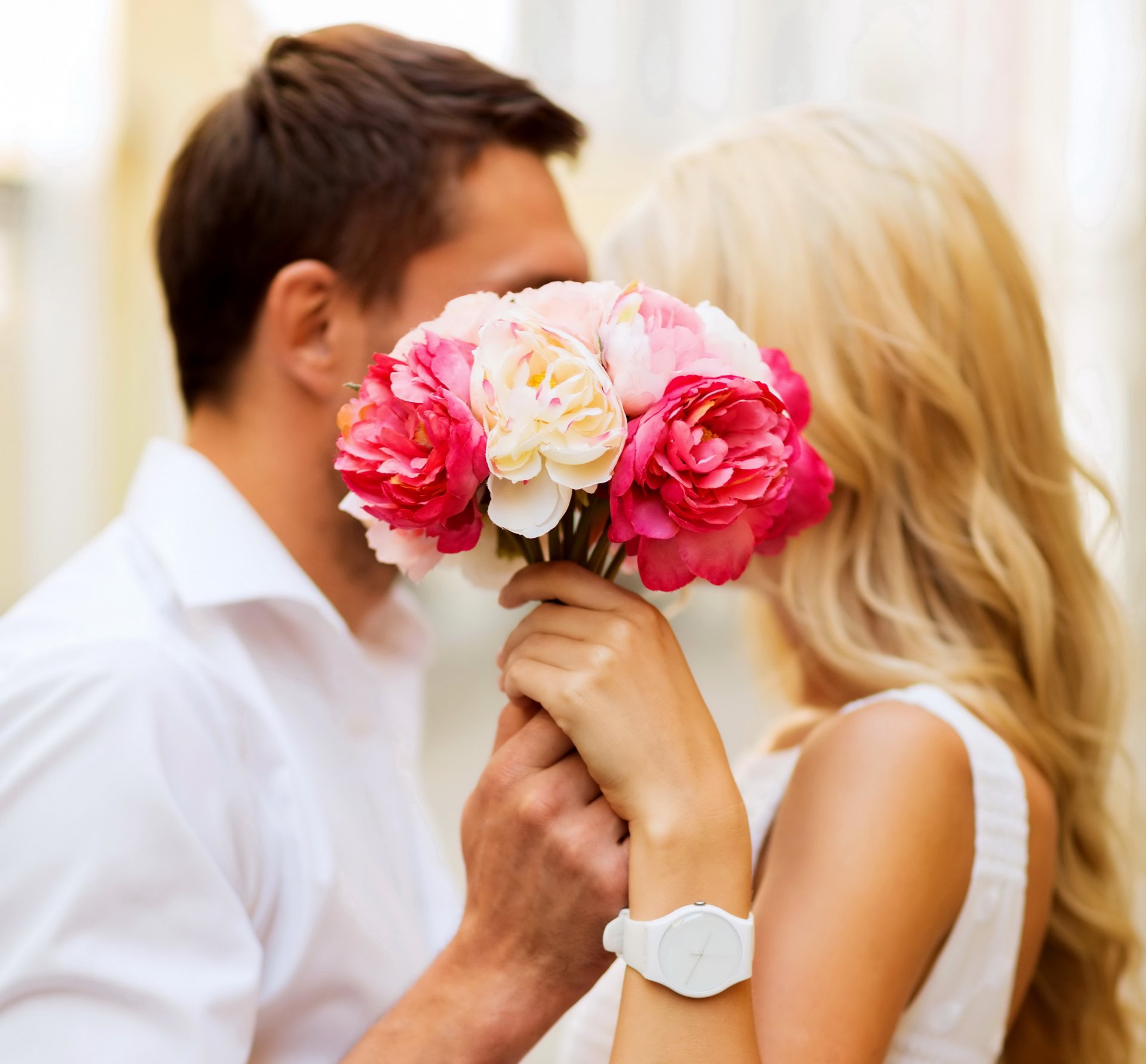 happy couple kiss flowers romance love happiness the pair