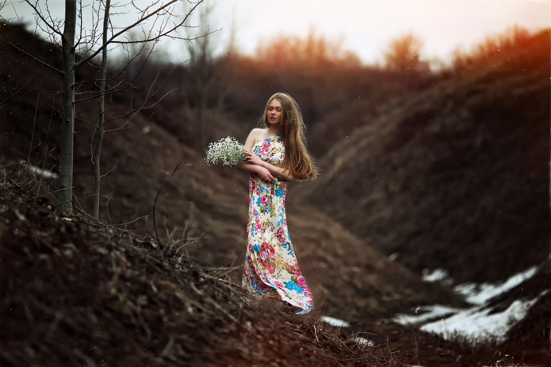 karen abramyan die ankunft des frühlings mädchen kleid blumen natur bokeh