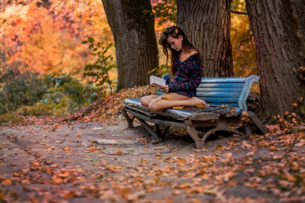 Mädchen liest ein Buch auf einer Bank im Herbstpark