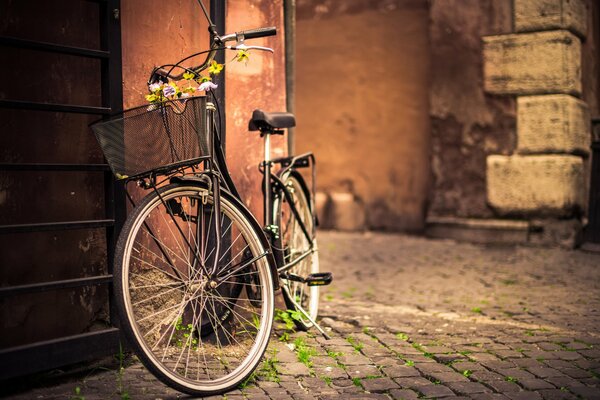 A bicycle with a basket is on the road