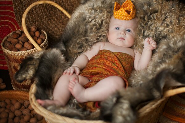 The baby is lying on the fur in the basket