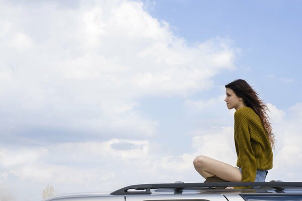 Ragazza sul tetto dell auto