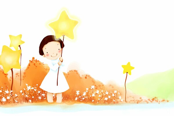 A fairy girl carries a star flower walking along an orange path