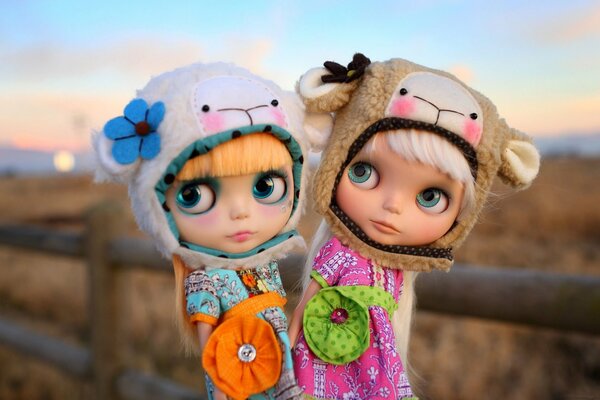 Dolls in funny hats in nature