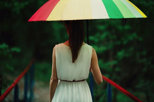 A brunette under an umbrella on a blurry background walks on the bridge