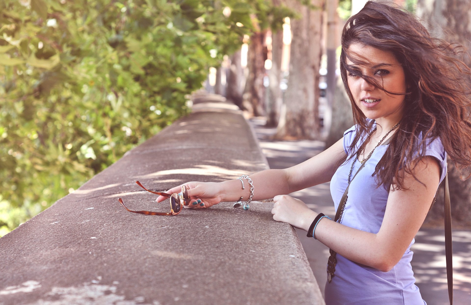 girl wind hair view sunglasse