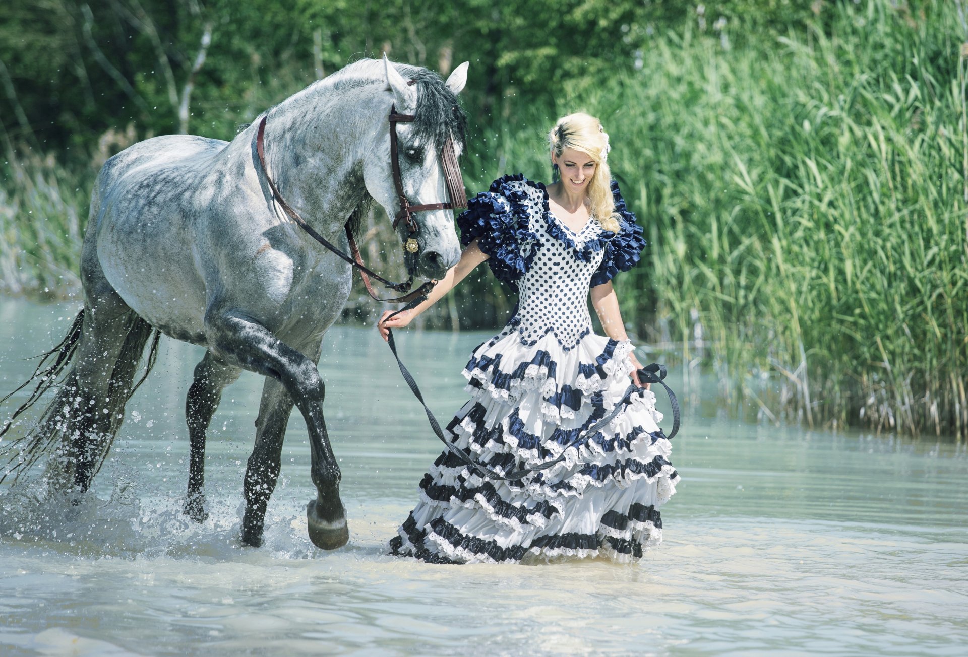 mädchen pferd wasser gehen stimmung schilf kleid