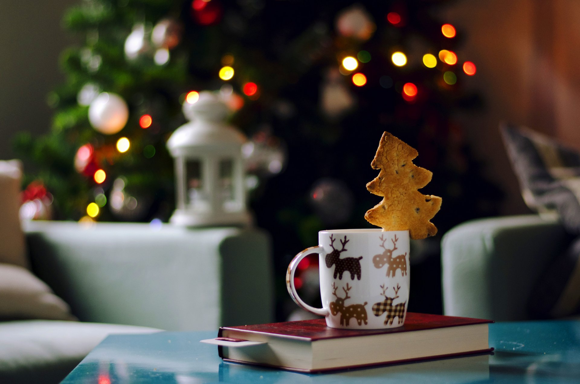 tasse livre biscuits chevrons chaise lumières lampe de poche lanterne guirlande vacances noël nouvel an