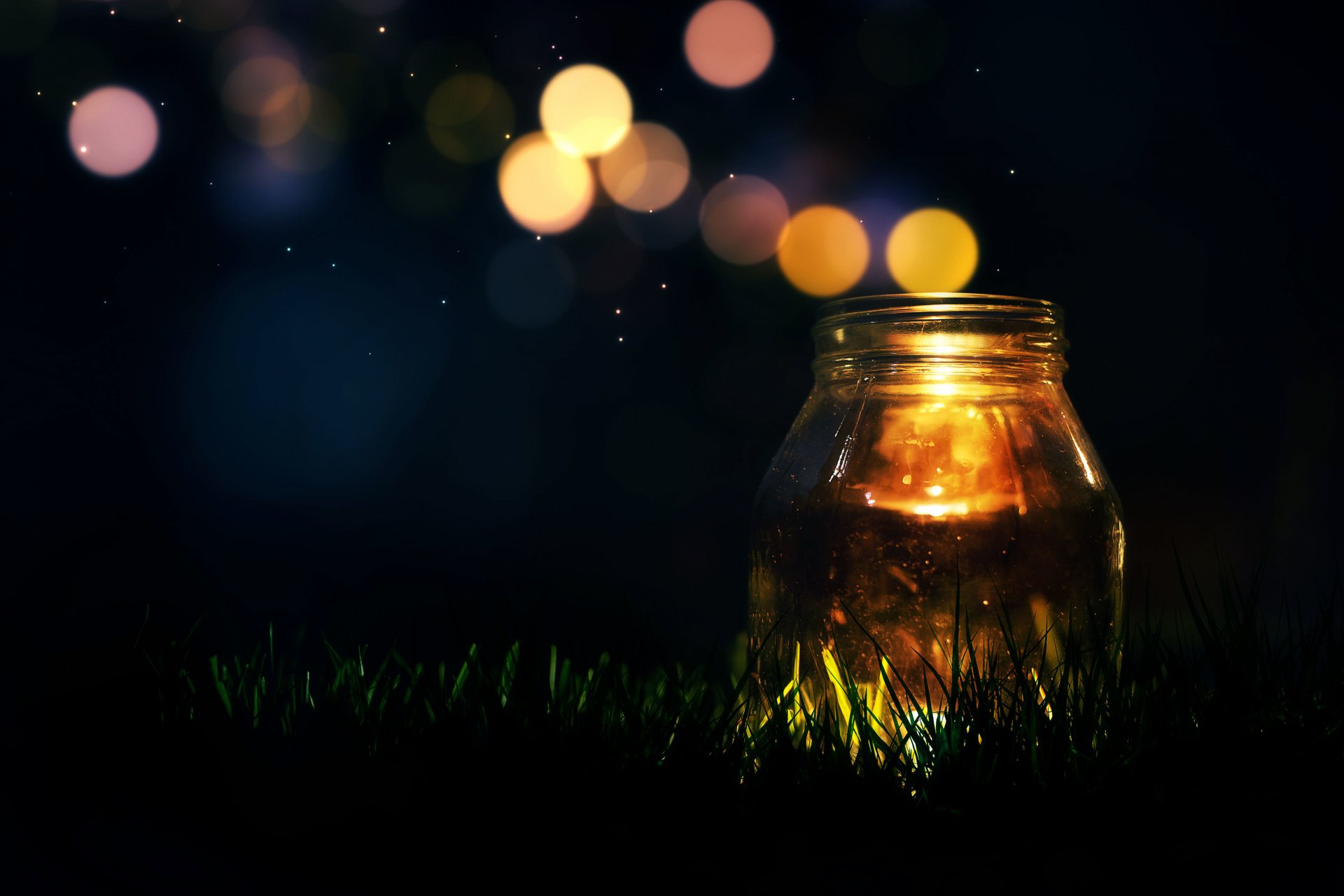 mood jar candle light sequins bokeh grass green background wallpaper widescreen full screen hd wallpaper