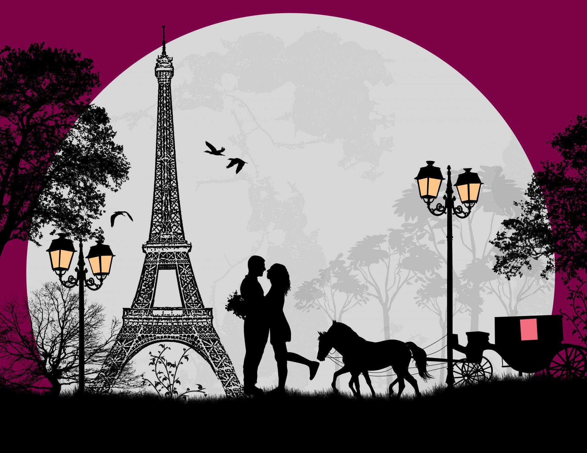 amour romans d amour arbres oiseaux panier pleine lune tour eiffel romance couples charrette cheval