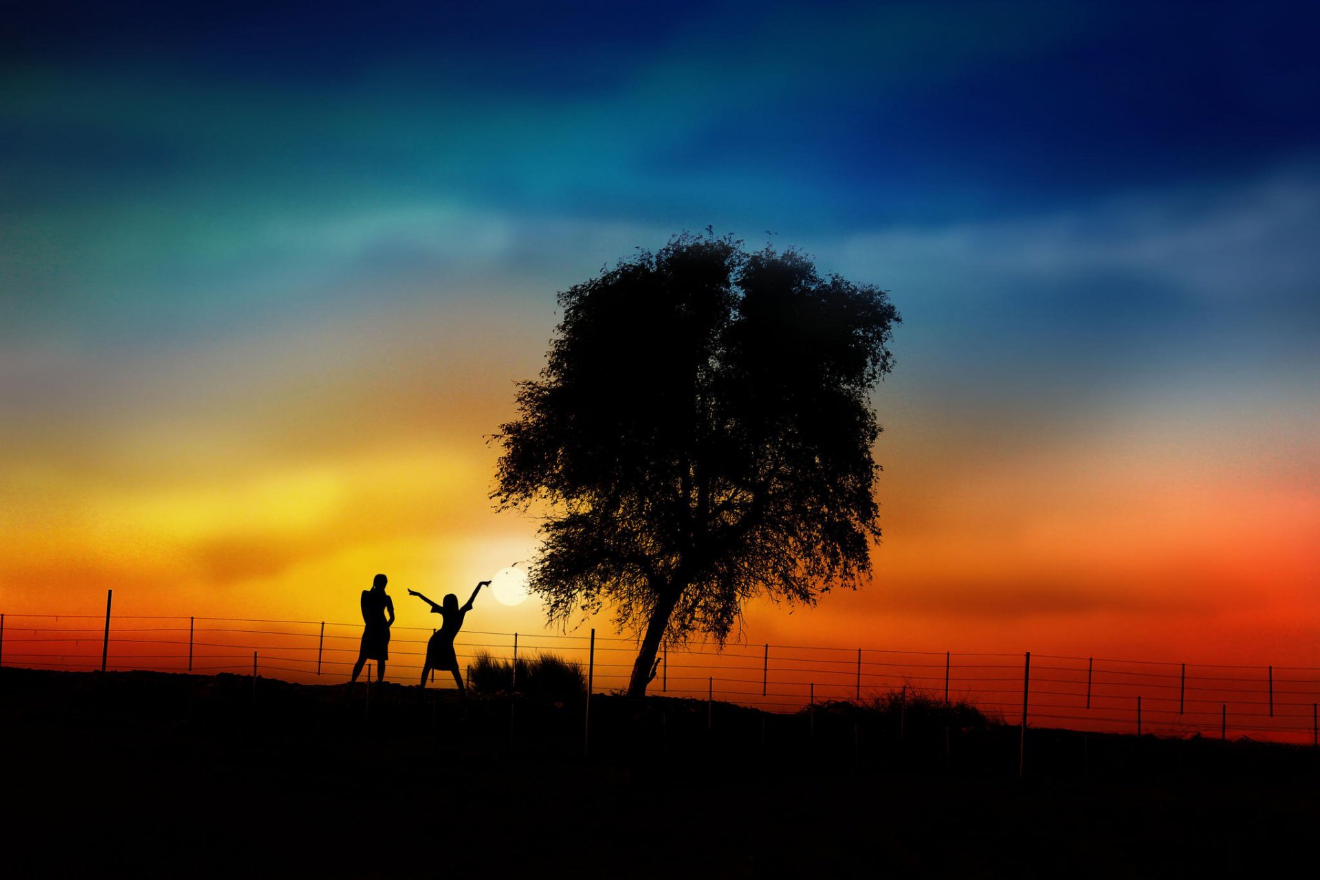 puesta de sol árbol chicas siluetas