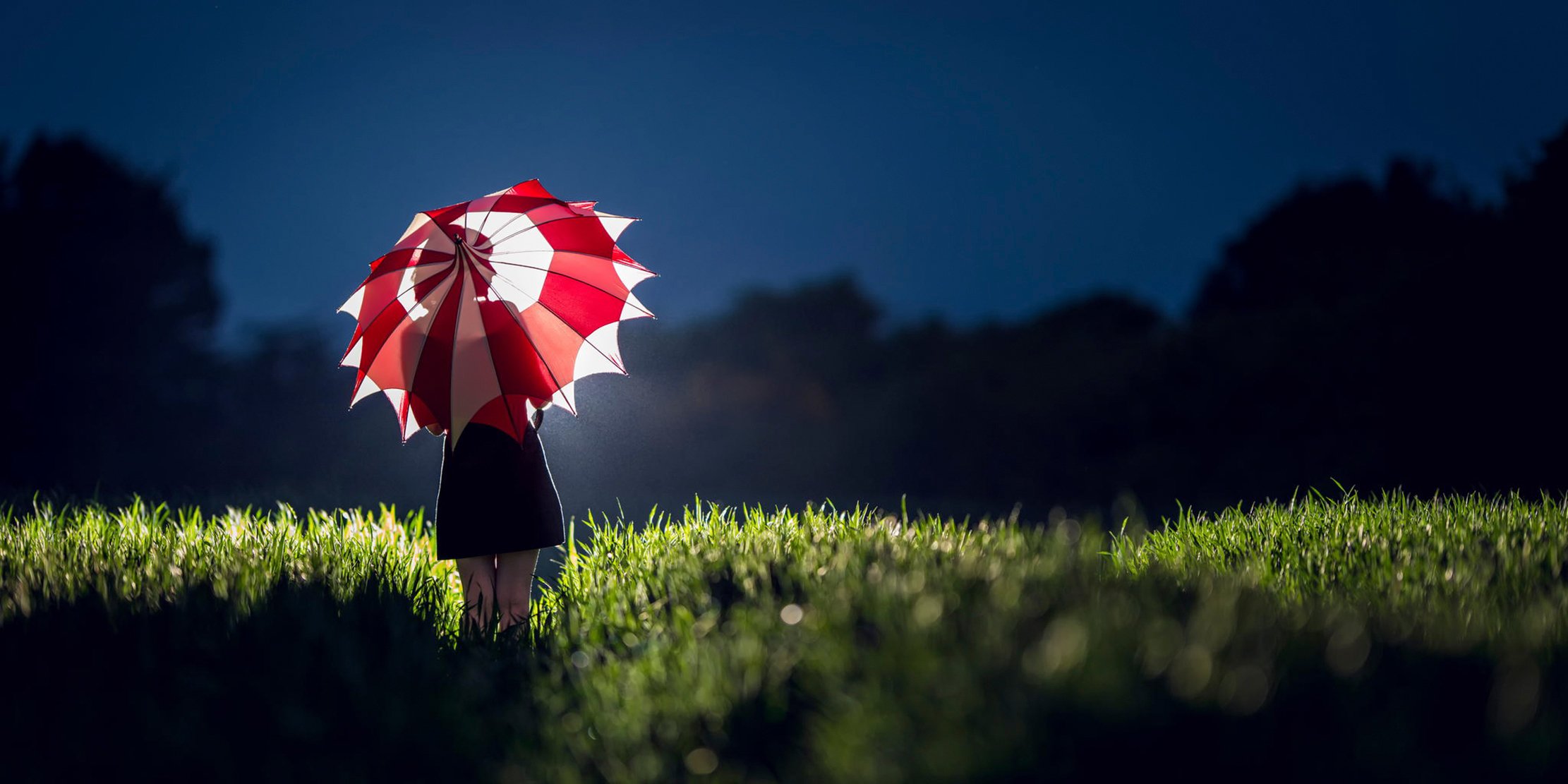 le parapluie la fille la lumière le champ la robe la silhouette de la