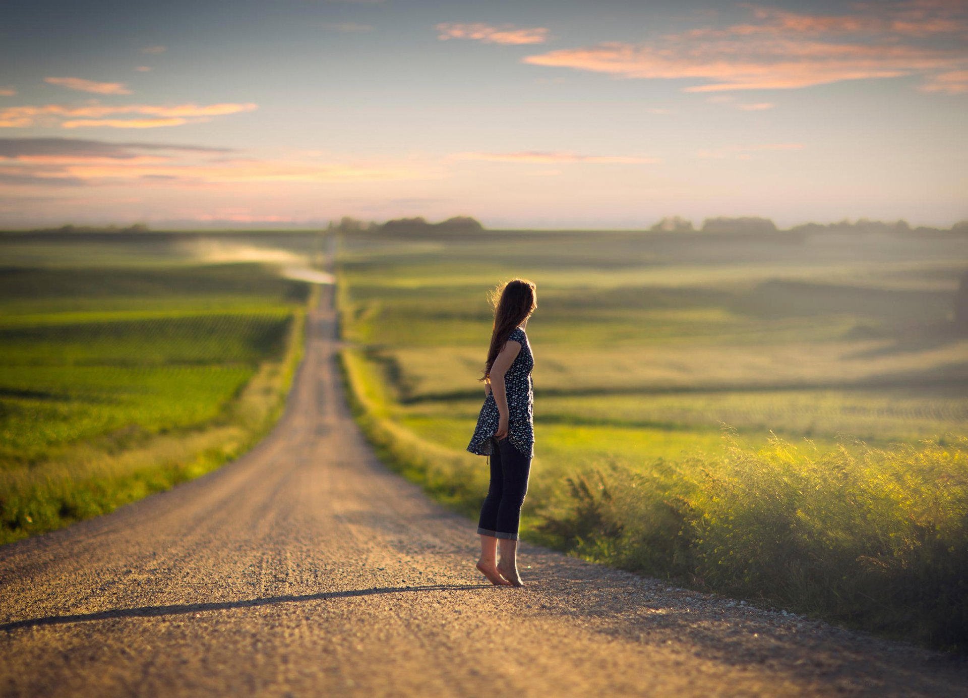 girl road jeans barefoot space bokeh