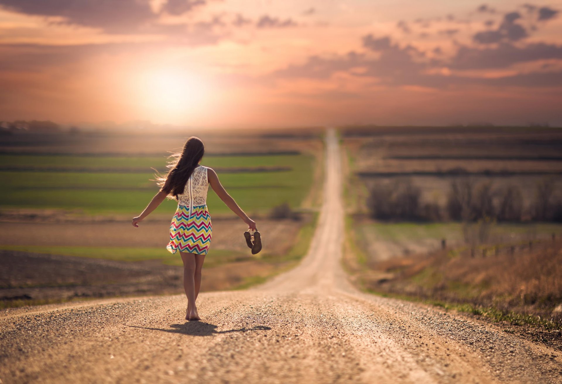 girl road space barefoot