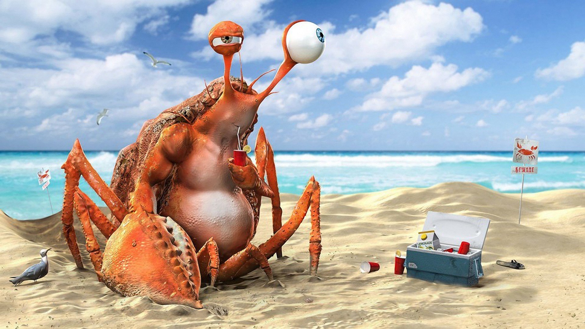 crab lemonade drink beach ocean water 3d art