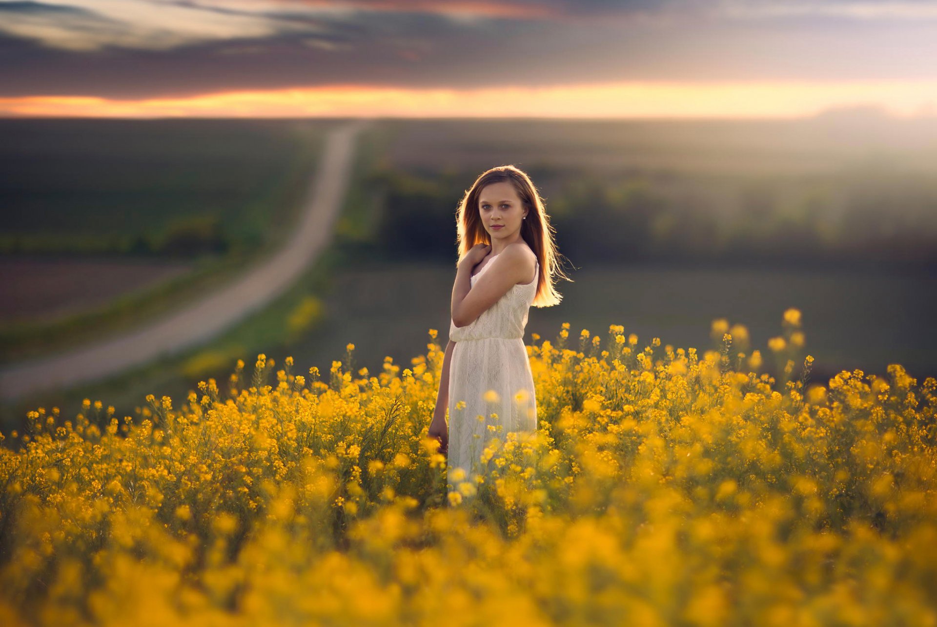 girl the field road space bokeh