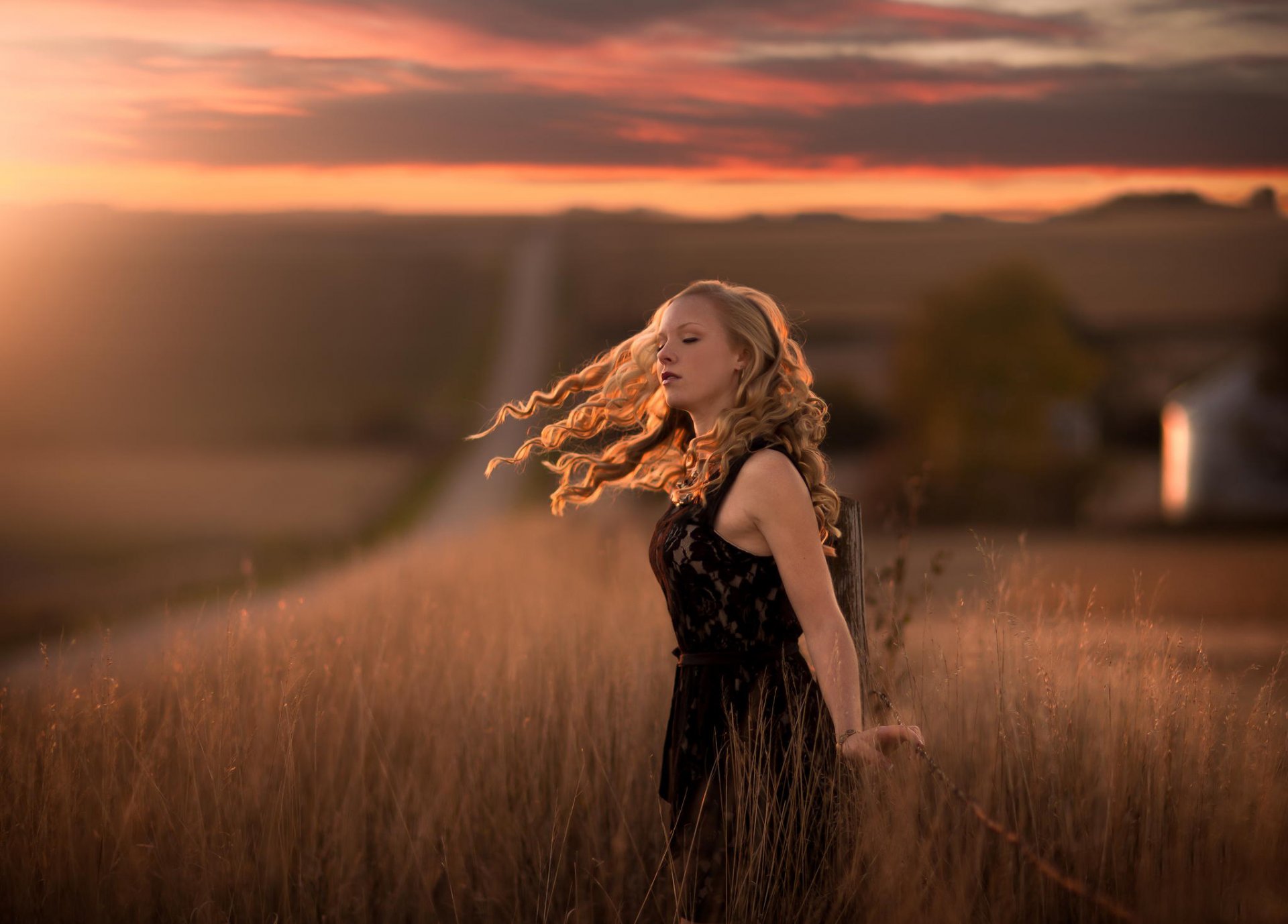 girl the field bokeh space road