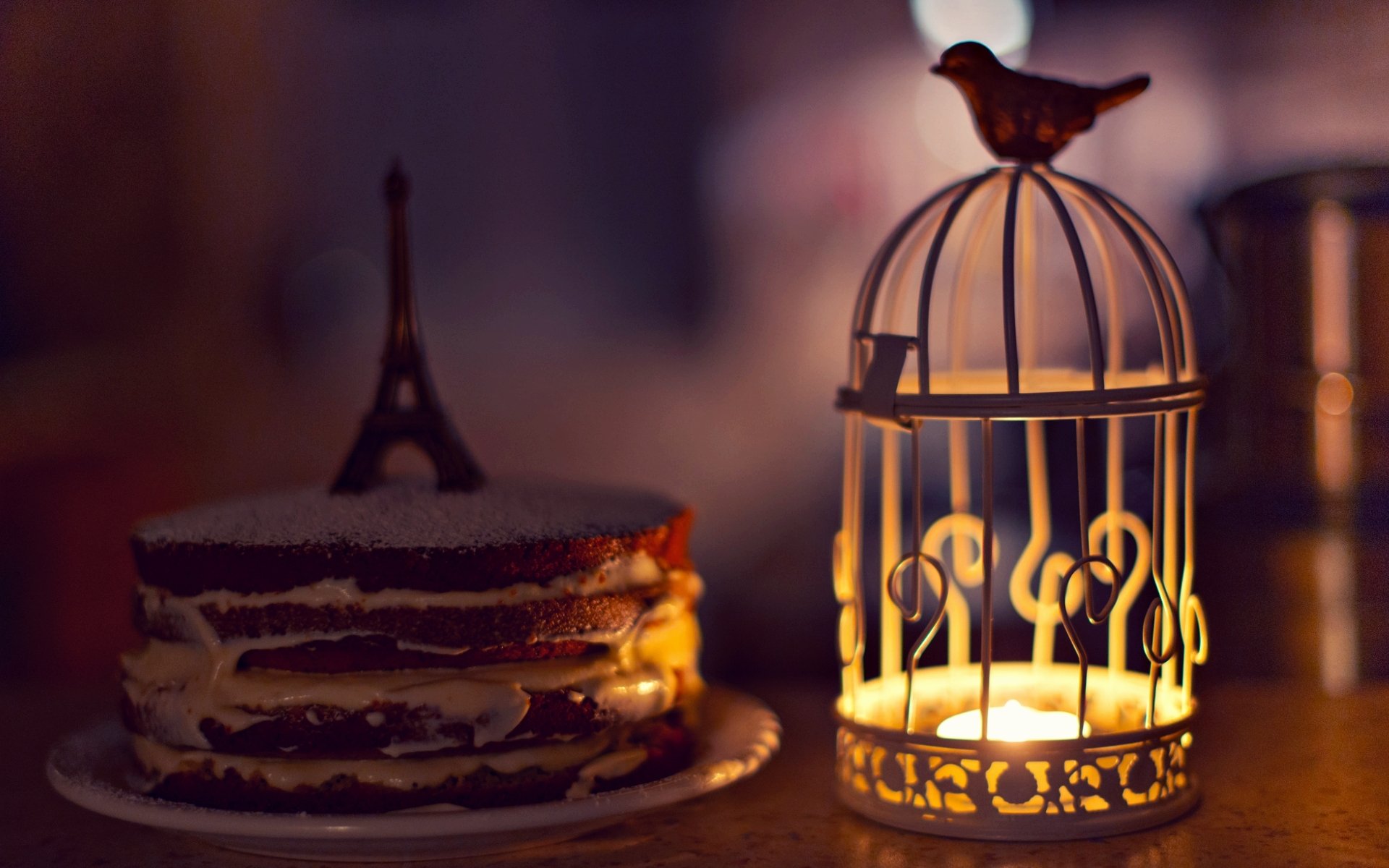 mood cage lantern candle candle flashlight bird bird cake cream sponge cake eiffel tower statuette background wallpaper widescreen fullscreen widescreen widescreen