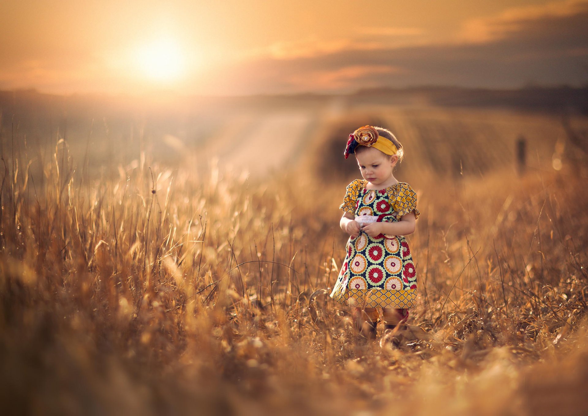 girl dress the field space sun bokeh the distance