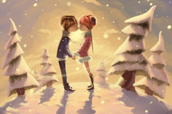 Romantic kiss near the fir trees