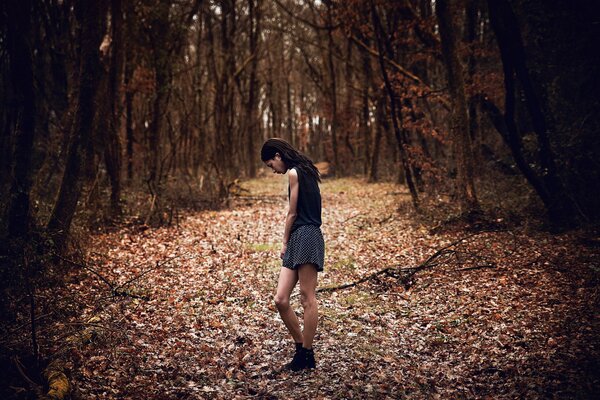 A girl in a short skirt in autumn in the forest on the road