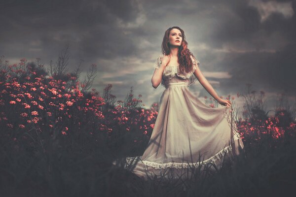 Photo d une jeune fille en robe, parmi les fleurs sur le terrain