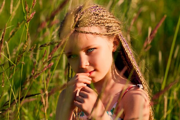 A girl with pigtails in the summer in the field