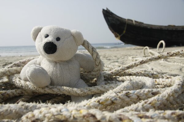 A white teddy bear is sitting on a rope