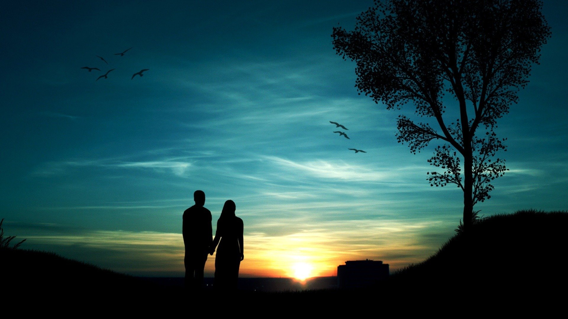 ragazzo ragazza tramonto cielo sole albero uccelli