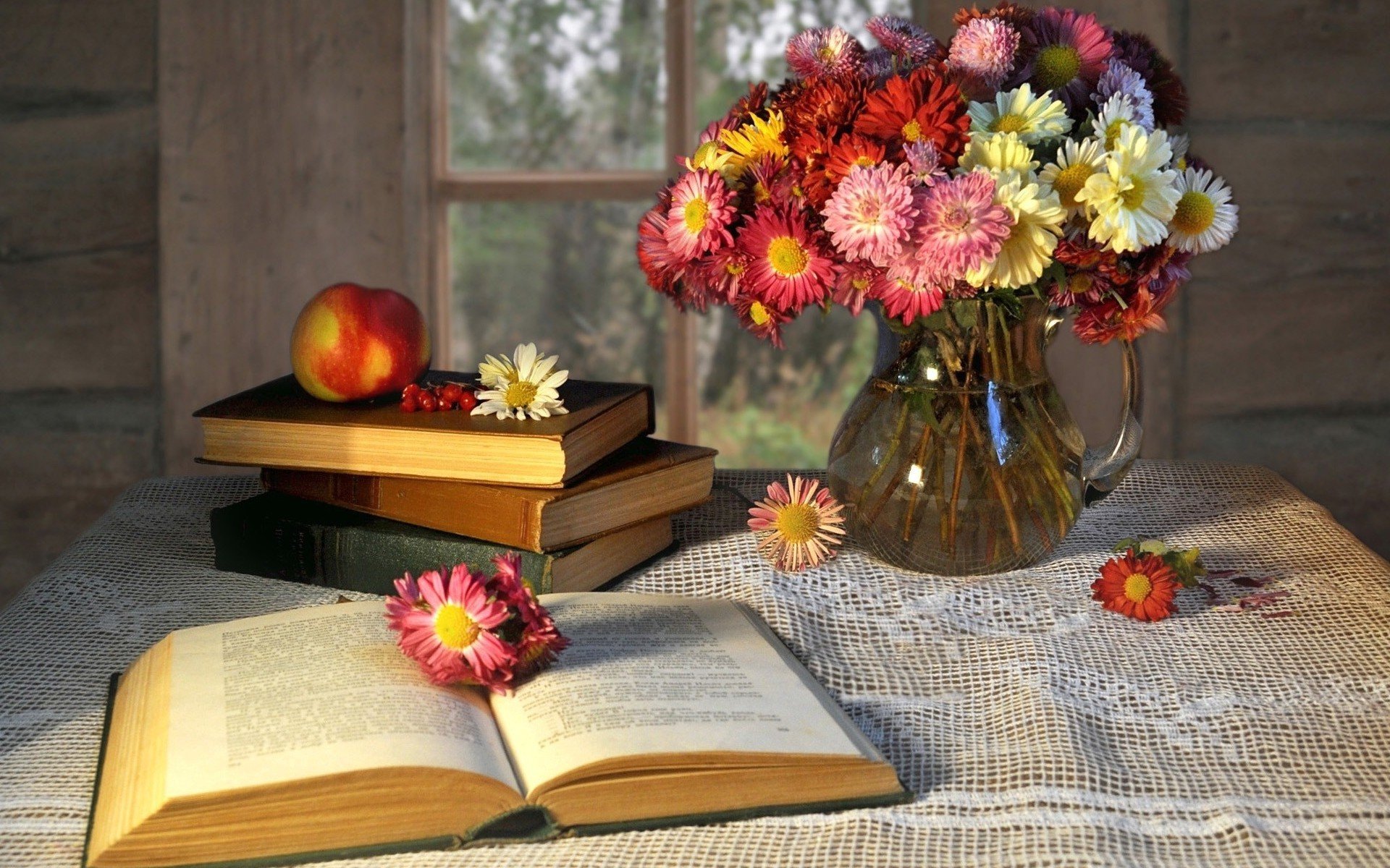 moods book book books pages flowers flowers vase vase apple fruit table background wallpaper widescreen fullscreen widescreen widescreen