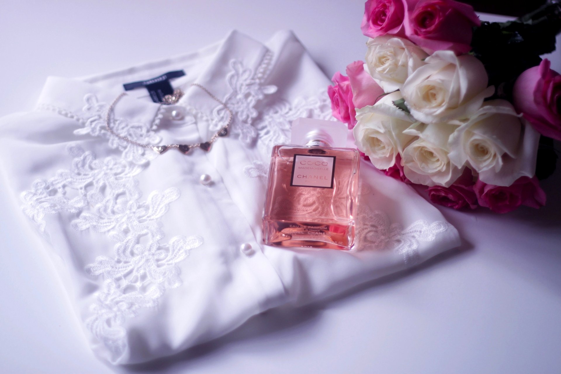 perfume chanel coco mademoiselle blouse shirt flower bouquet roses white pink