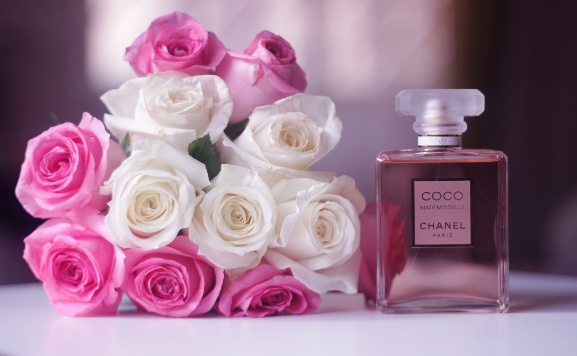 chanel coco mademoiselle perfume roses white pink flower bouquet