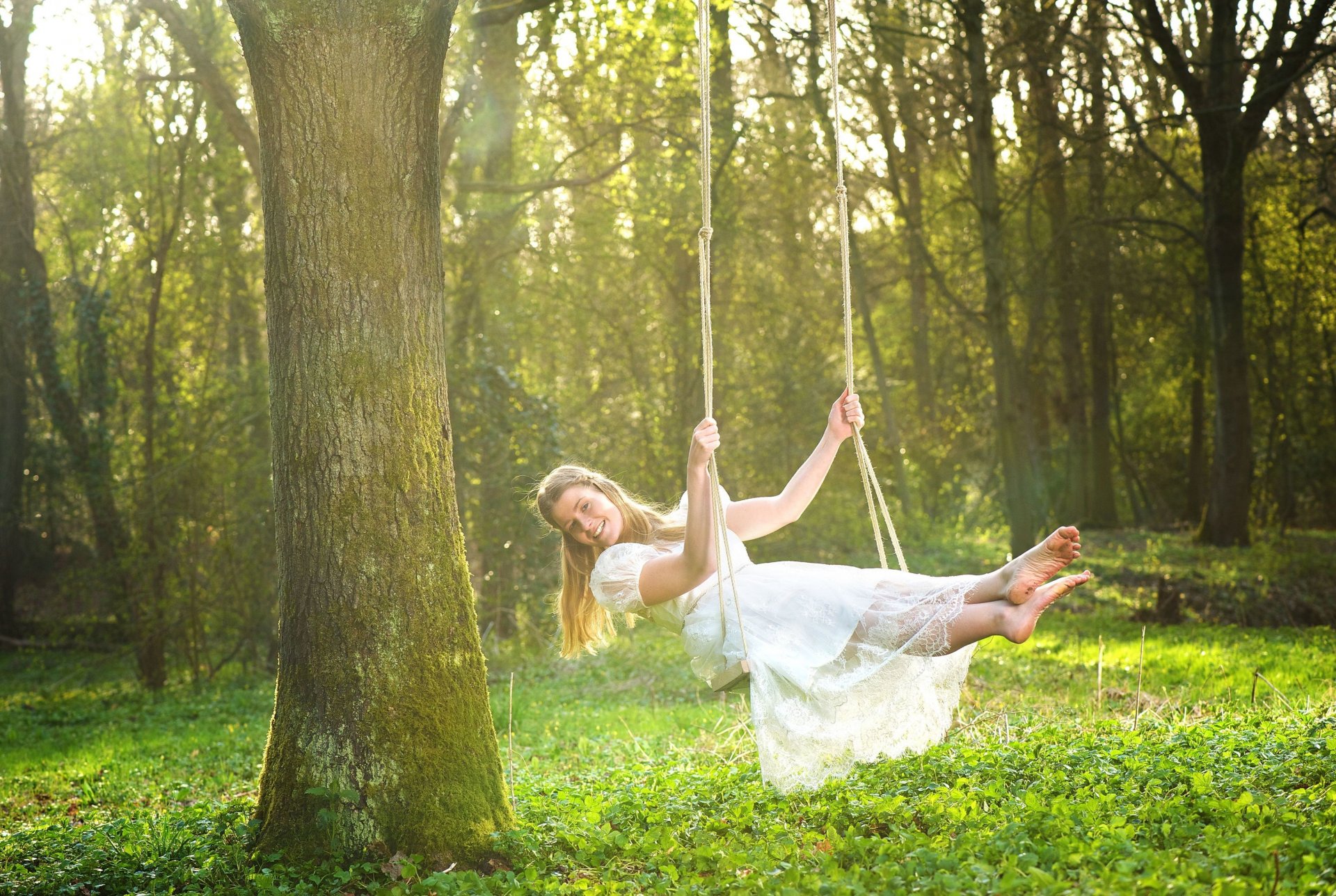 mood girl blonde hair smile swing rope dress legs nature grass greenery foliage tree trees background wallpaper widescreen fullscreen widescreen widescreen