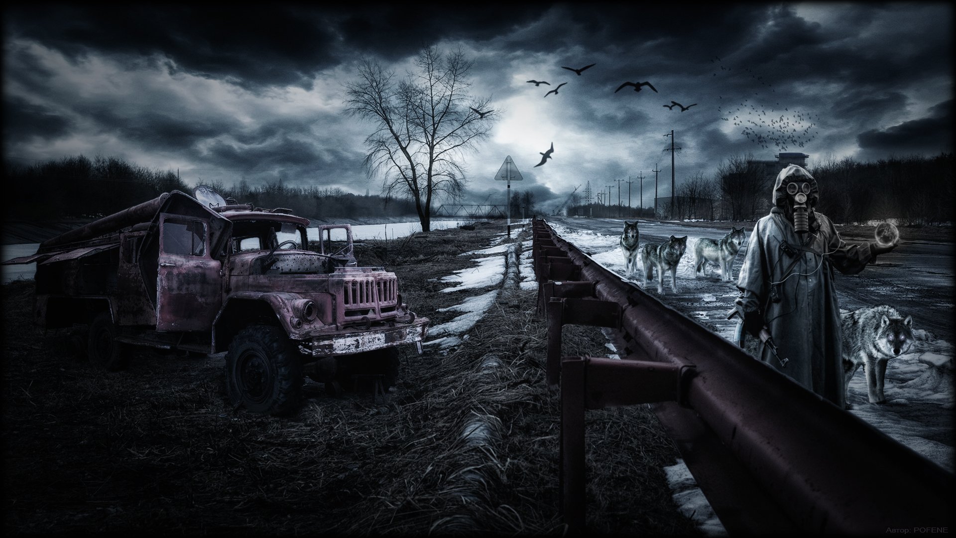 landscape pripyat chernobyl apocalypse wolves pack artifact stalker road autumn spring stalker zil technique thunderstorm sky birds grass car catcher