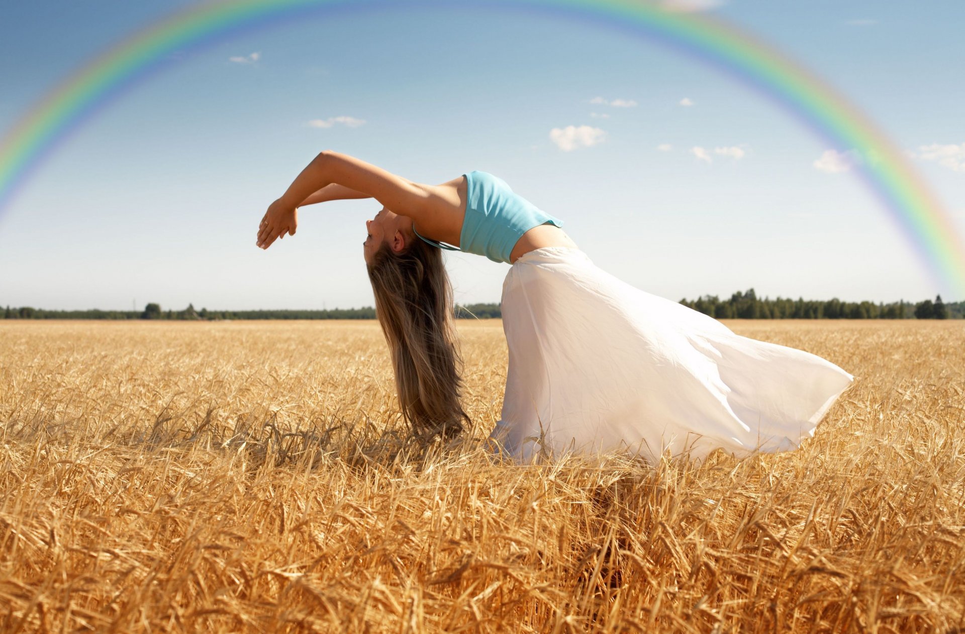 estado de ánimo chica flexión postura movimiento acción cuerpo brazos campo trigo centeno naturaleza cielo arco iris árboles árbol hojas follaje fondo fondo de pantalla pantalla ancha pantalla completa pantalla ancha pantalla ancha