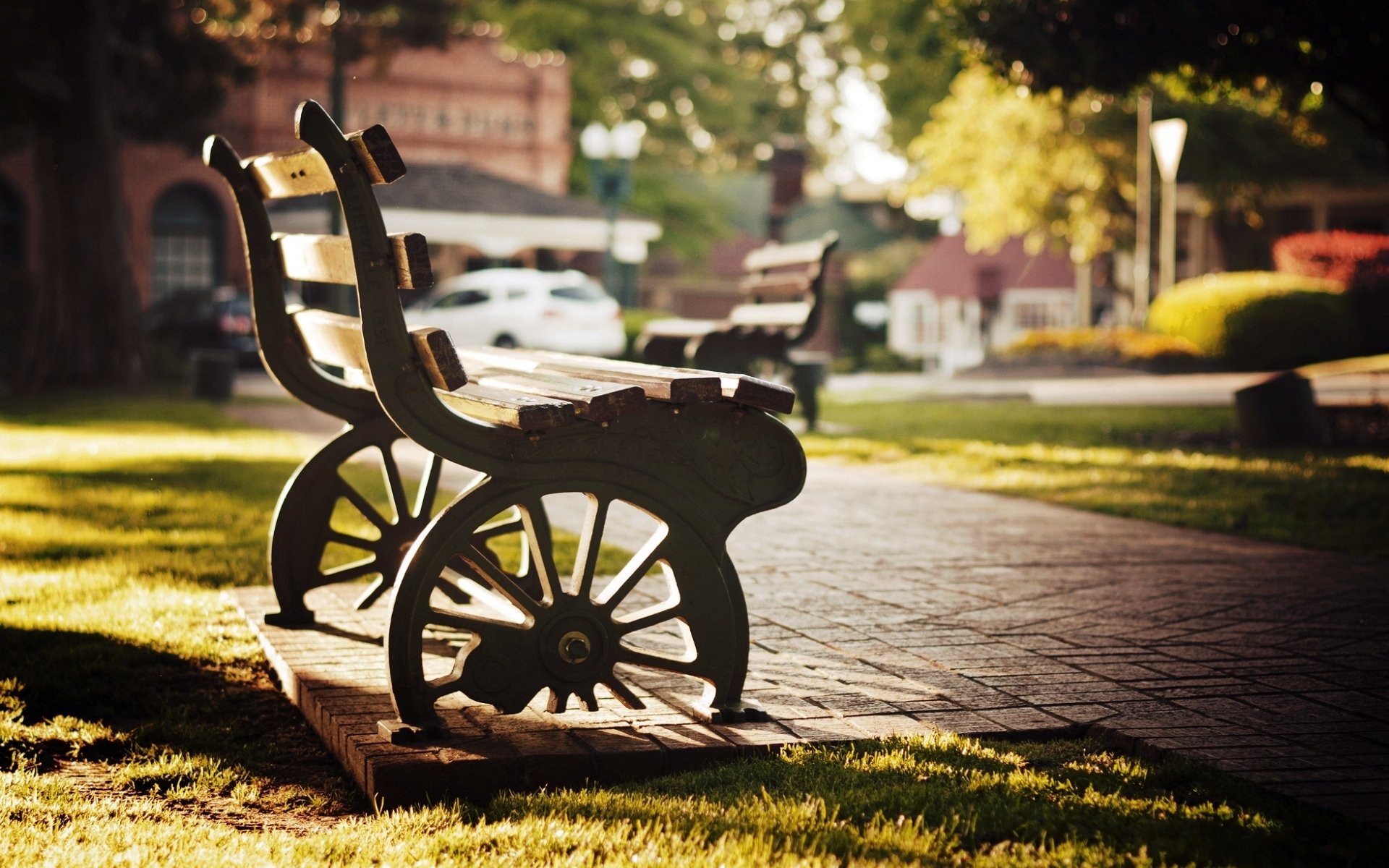 mood bench bench wheel park parks recreation square grass greenery sun tree trees leaves blur leave poster background wallpaper widescreen fullscreen widescreen widescreen wid