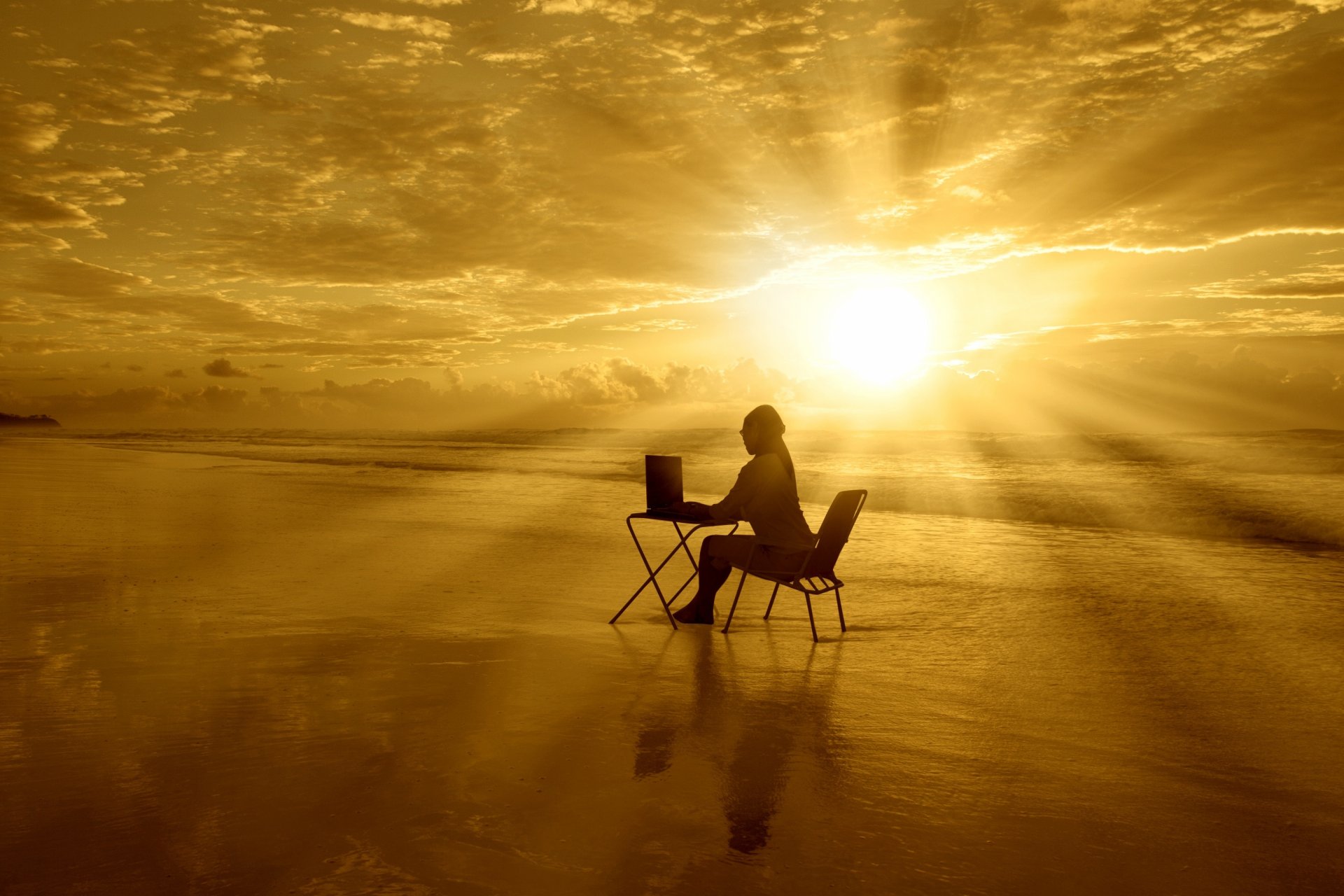 mood girl chair table computer open spaces sea water sun clouds sky background widescreen fullscreen wallpaper