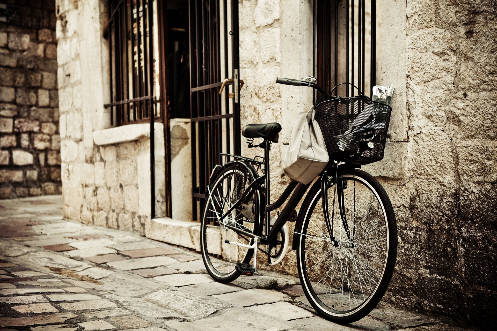 mood bike wheel shopping basket town street brick background wallpaper widescreen full screen hd wallpaper