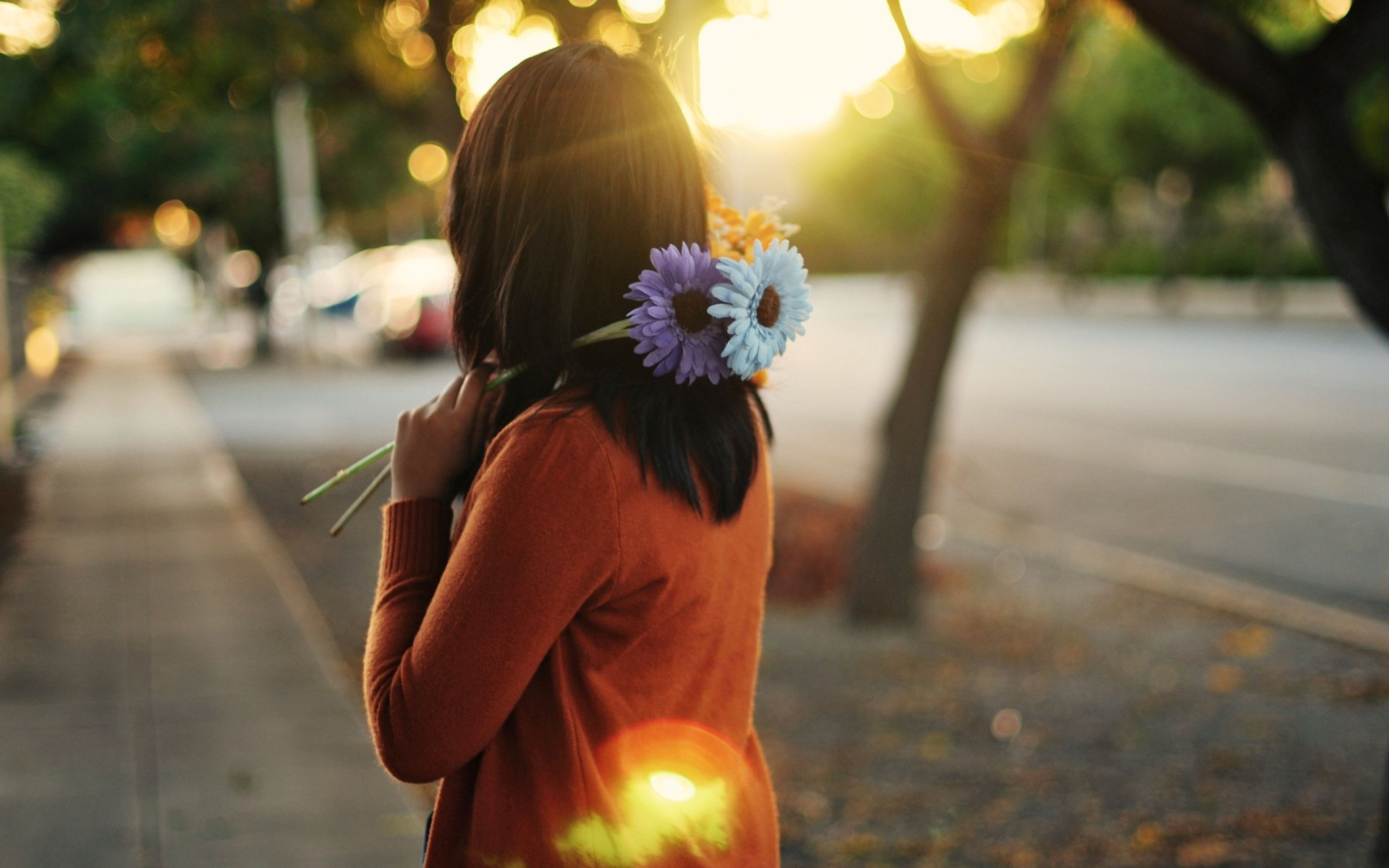 mood girl brunette flower flowers purple blue orange sun rays street town bokeh background wallpaper widescreen full screen hd wallpapers fullscreen