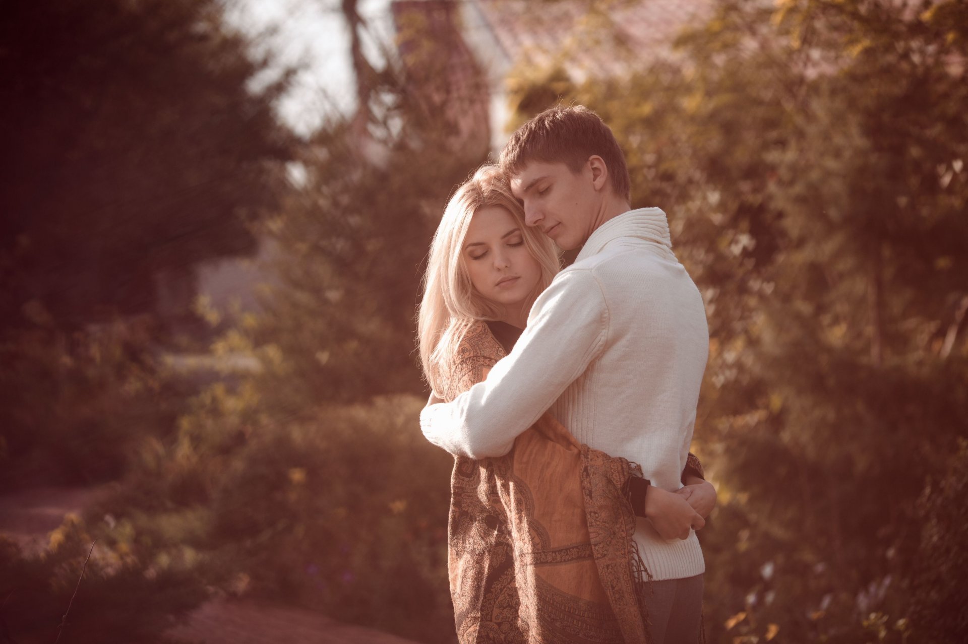 moods girl guy man woman couple lovers love hug hug warmth tree. trees foliage blur background wallpaper widescreen fullscreen widescreen widescreen