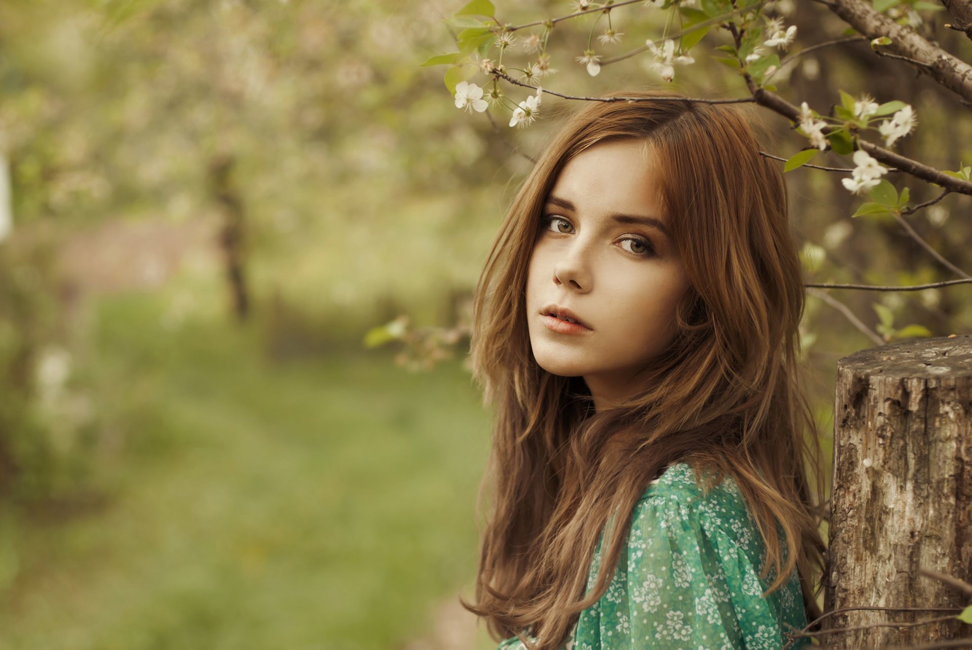 stimmung mädchen mädchen frau gesicht blick braunhaarige gesichtsausdruck ruhe natur blumen blümchen unschärfe hintergrund widescreen vollbild widescreen tapete