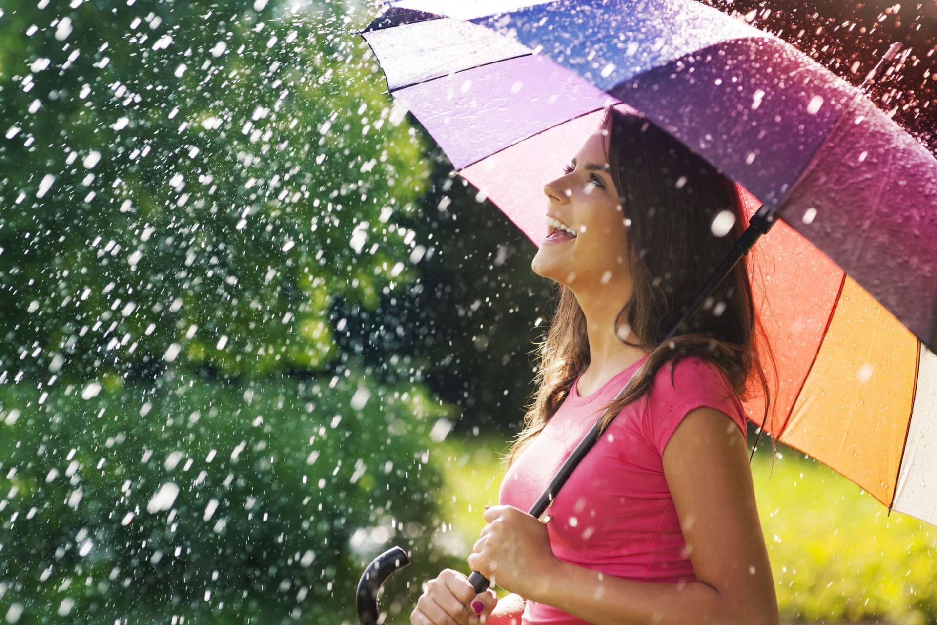 mood girl brunette smile joy happiness positive umbrella umbrella rain summer background wallpaper widescreen fullscreen widescreen widescreen