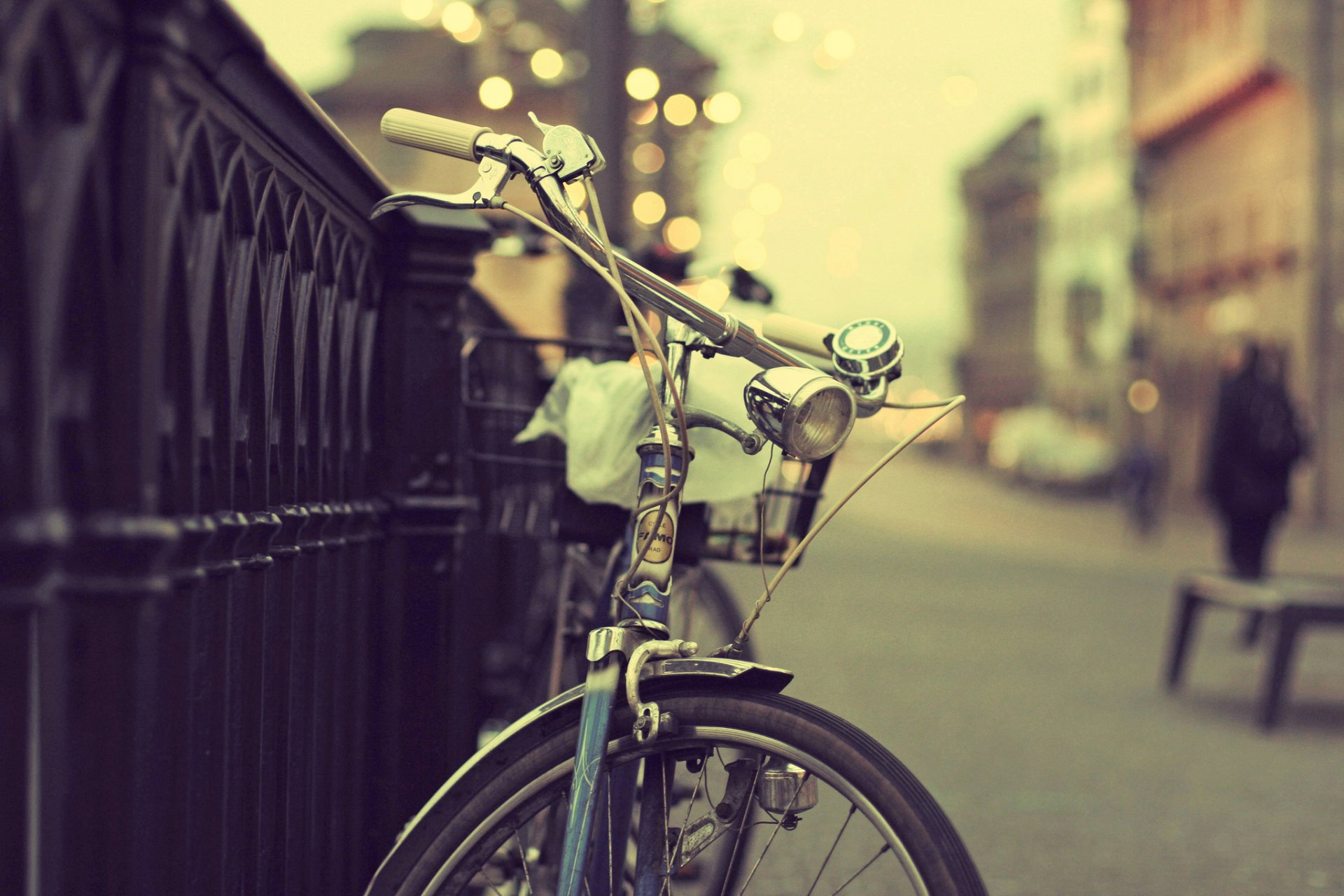 bike town street fence people bokeh light