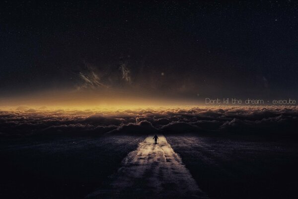 A man walking on the road at night