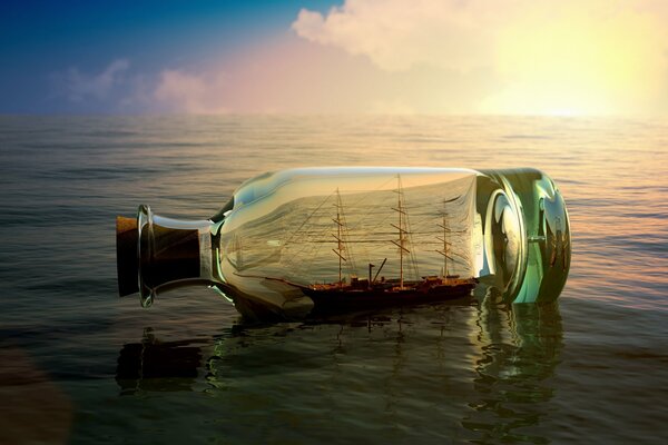 Ship in a bottle sunset at sea