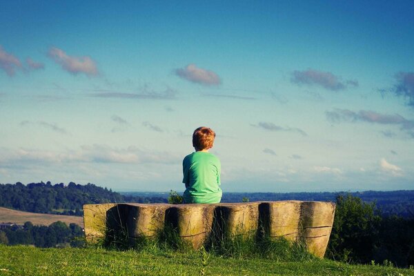 A boy in a green T-shirt looks at nature to