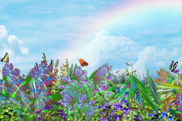 Rainbow on a blooming meadow with a butterfly